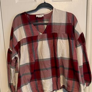 Chic Soul Burgundy and Cream Plaid V-Neck Blouse